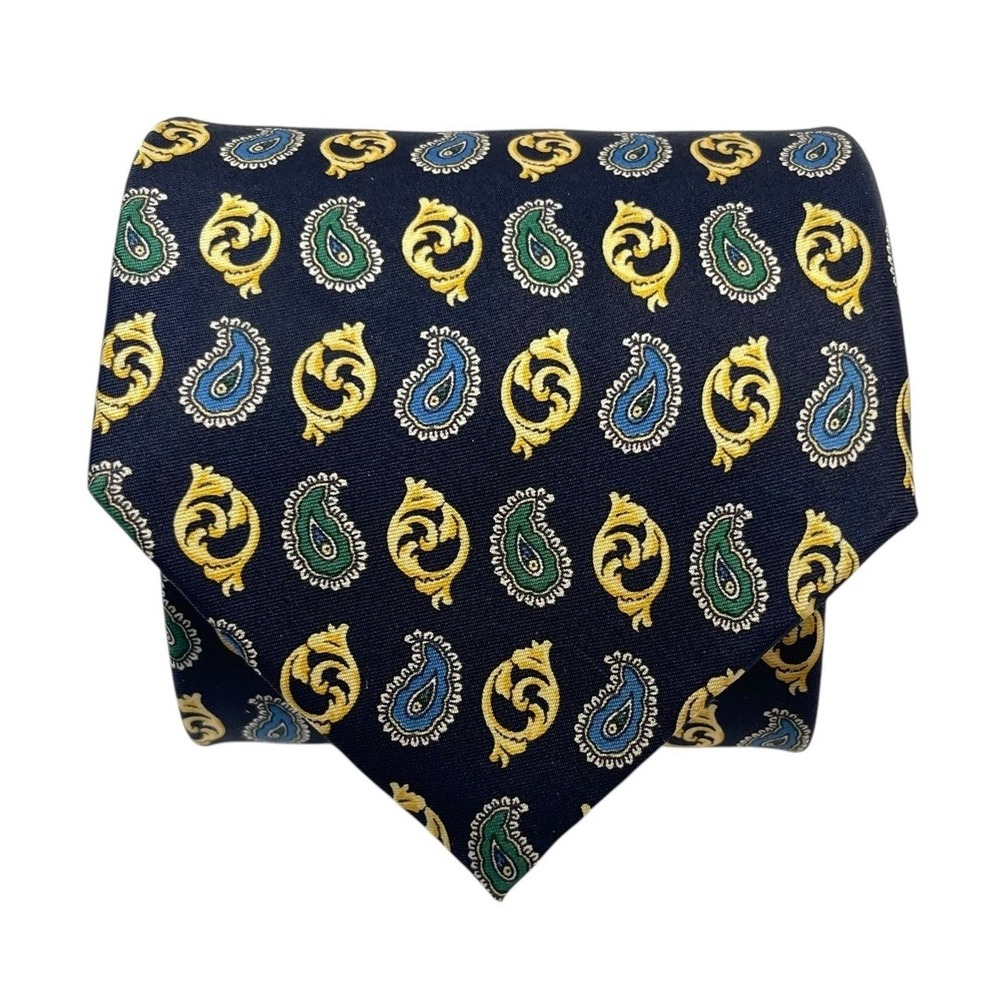 FENDI 100% Silk Patterned Tie Made 4" Wide Navy Paisley Luxury‎ Designer Necktie